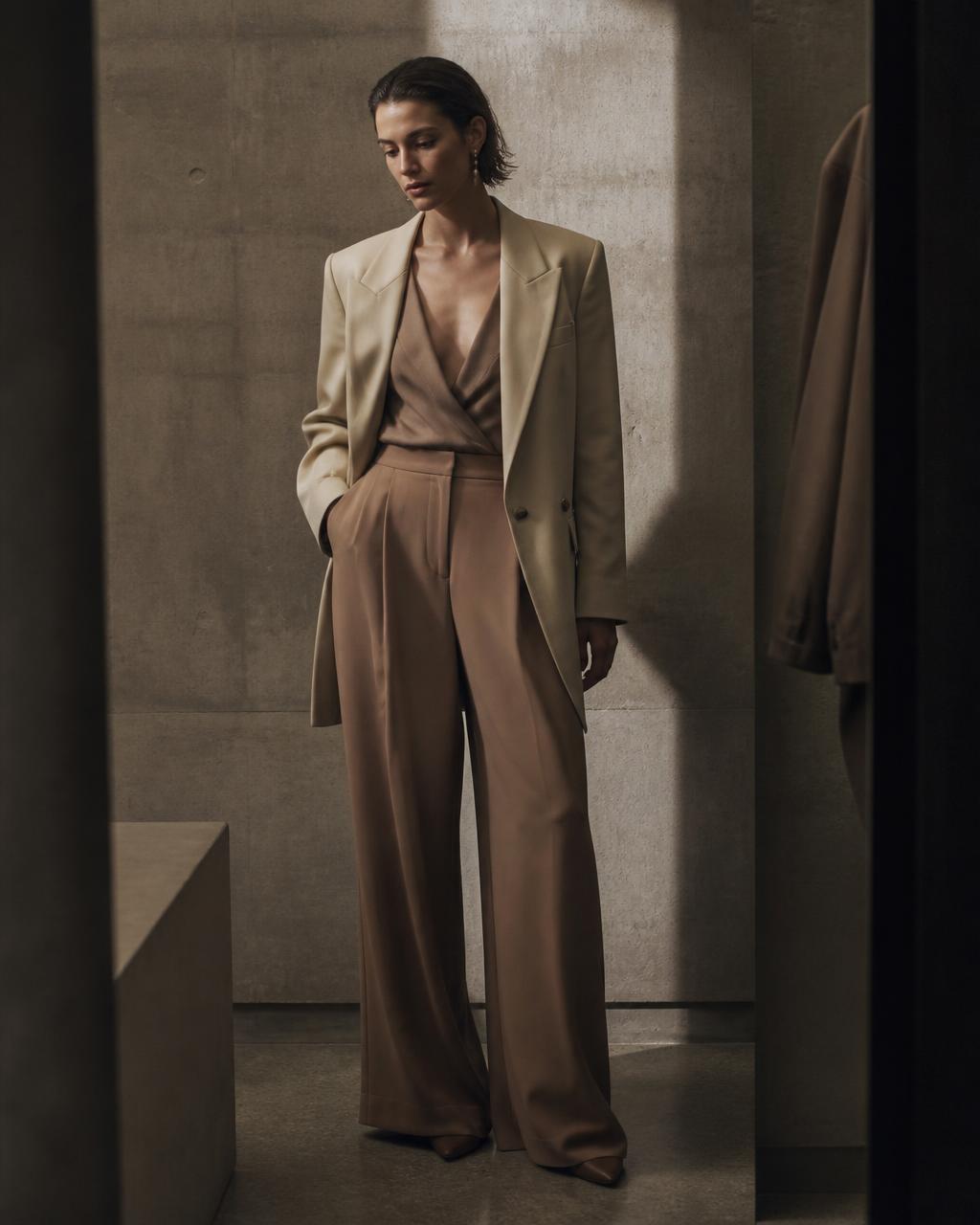 Model wearing a tailored bone and clay outfit in a concrete fitting room